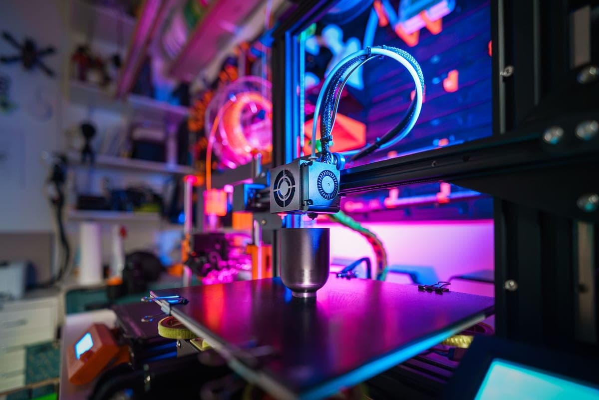 A compact open-frame desktop 3D printer photographed against a dark background