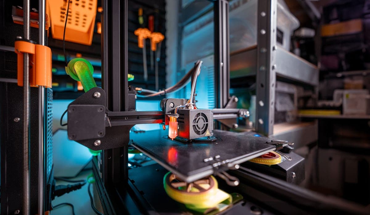 An open-frame 3D printer beside an enclosed one, both lit from above in a dark room