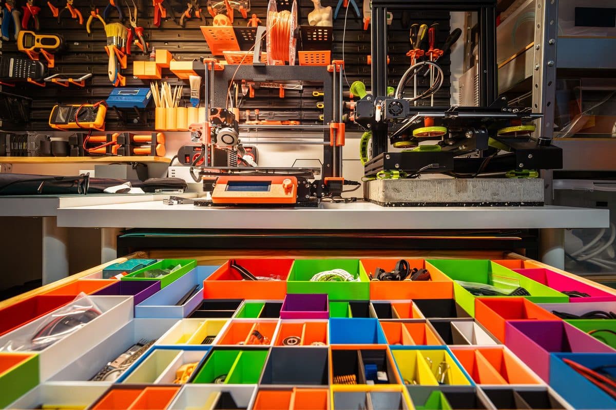 A workshop bench with a 3D printer, tools and storage containers