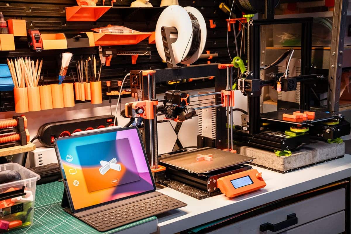 A workshop bench with desktop 3D printers and a tablet