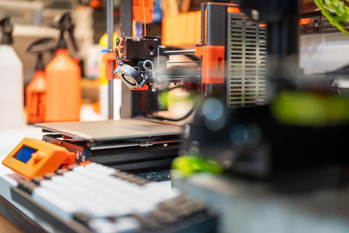 A compact 3D printer photographed close up in a workshop